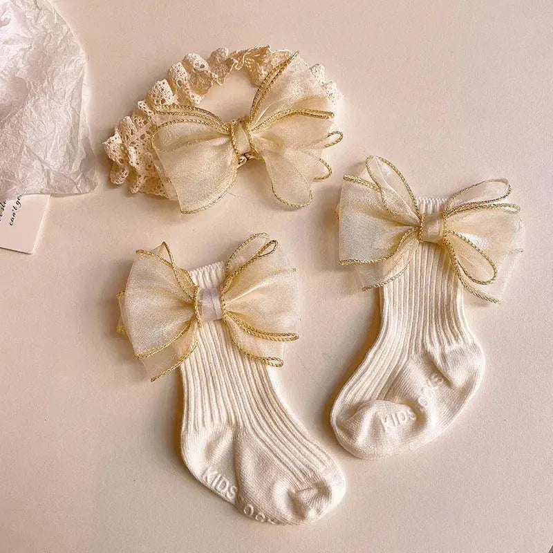 2Pcs Baby Bow Headband Socks Set Toddler Boys Girls Lace Print Bowknot Elastic Hairband Turban Solid Soft Sock Kids Accessories