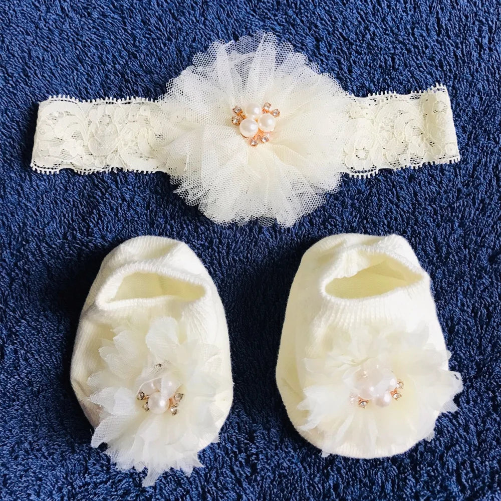 Lovely Pearl Bows Baby Headband Socks Set Non Slip Cotton Sock Lace Flower Newborn Hair Band Turban Girl Hair Accessories