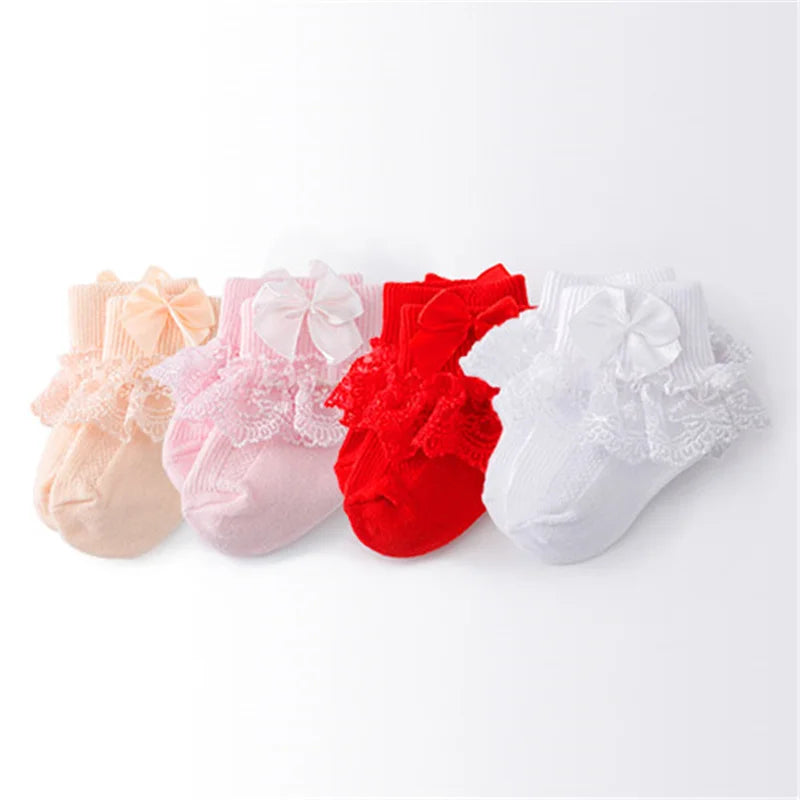 Lawadka 4Pairs/lot Newborn Baby Socks For Girls Cotton Lace Infant Girls Sock Princess Bow Toddler Baby Girls Socks Spring 0-24M
