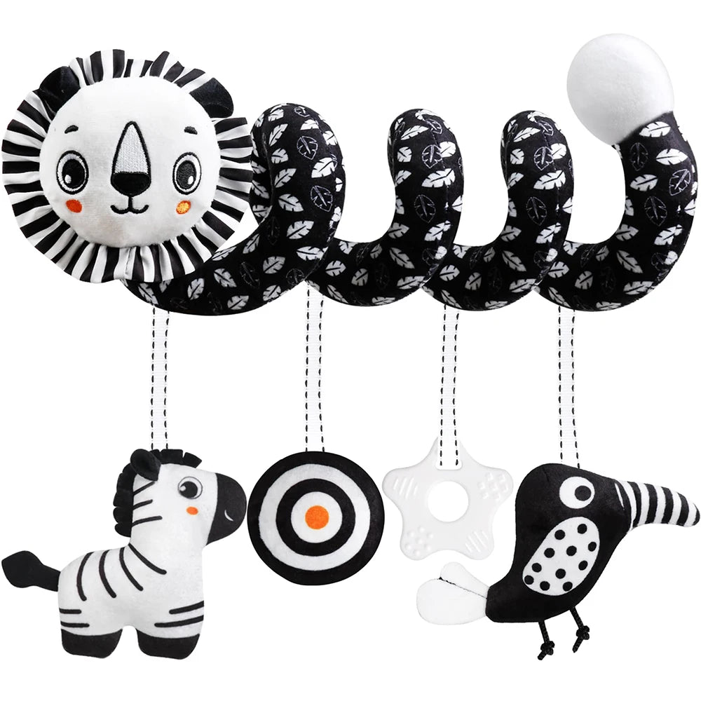Newborns Spiral Hanging Activity Stroller Toy Baby Carseat Toy Black & White Lion Koala Rattle for Crib Mobile Sensory Toy Gift