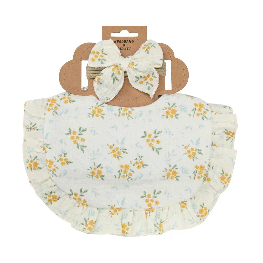 2Pcs/Set Ruffled Edge Muslin Cotton Baby Bibs Hair Bows Girls Headbands Flower Print Saliva Towel Feeding Burp Cloths Scarf