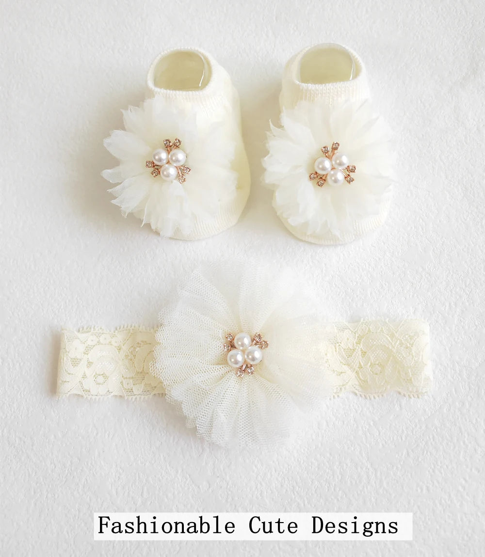 Lovely Pearl Bows Baby Headband Socks Set Non Slip Cotton Sock Lace Flower Newborn Hair Band Turban Girl Hair Accessories