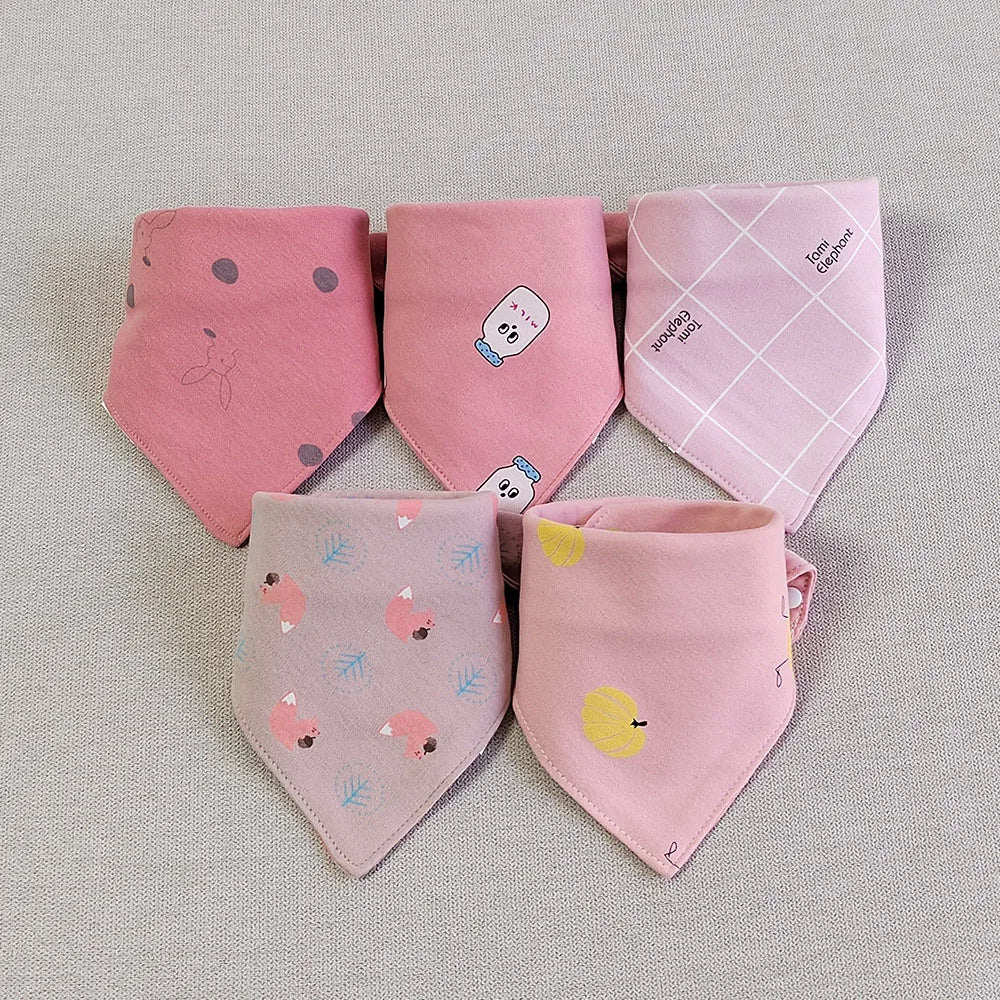 5pcs/lot Baby Bibs Triangle Double Cotton Bibs Cartoon Print Saliva Towel Baby Boys Girls Feeding Apron Cotton Bandana Bibs