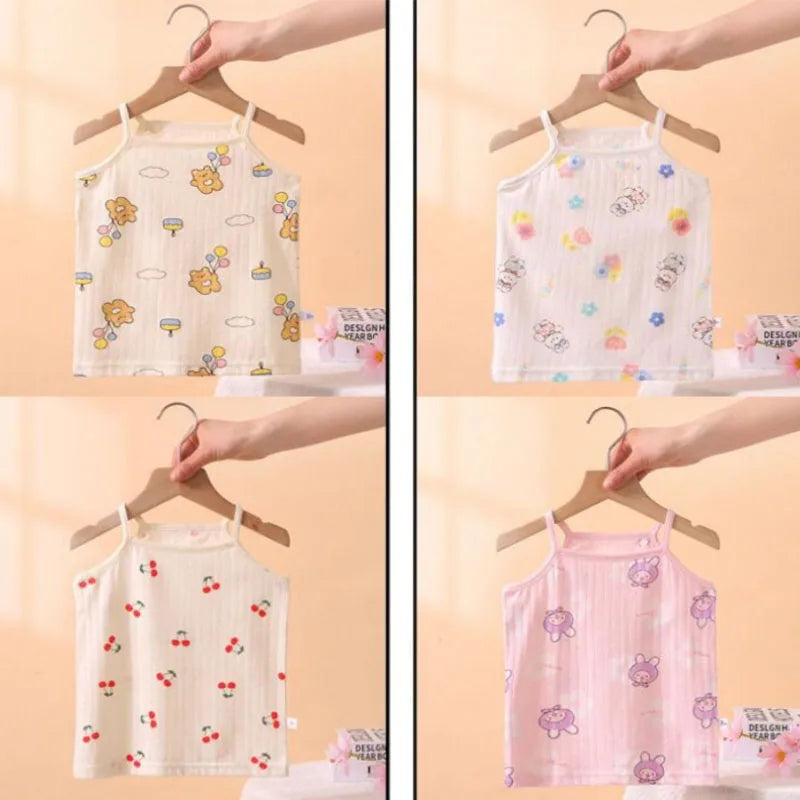 Summer Camisole Sling Tops+Shorts 2-Piece Set Girl's Soft Cotton Pajamas Fashion Cartoon Print Kids Home Clothes Casual Suit New