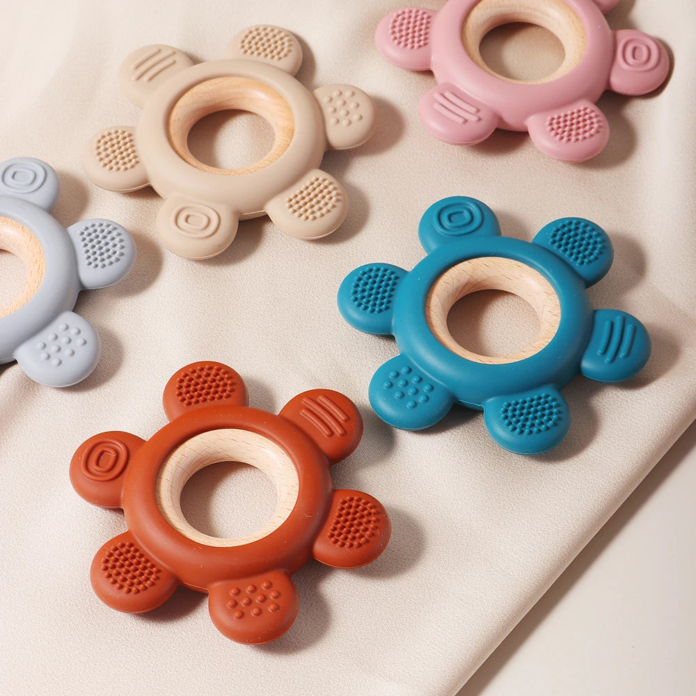 new Baby rudder shape silicone teether Food Grade Safe Teether with wooden ring Toy Teething gift
