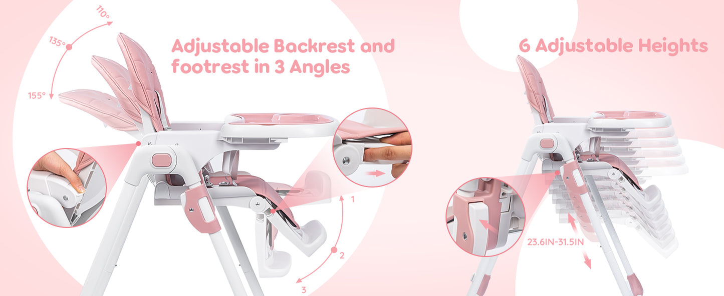 Sejoy Baby High Chair Foldable Highchair Adjustable Backrest Double Removable Tray Detachable PU Leather Cushion High Chair for