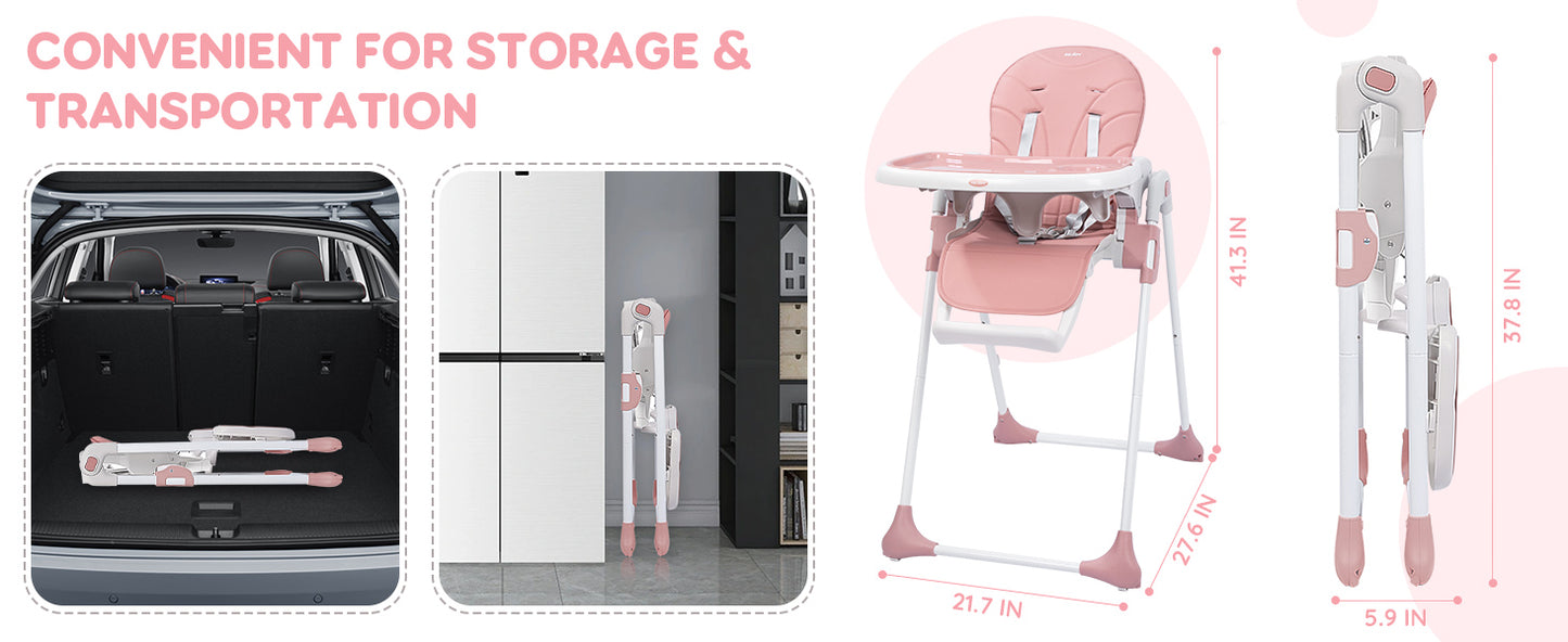 Sejoy Baby High Chair Foldable Highchair Adjustable Backrest Double Removable Tray Detachable PU Leather Cushion High Chair for