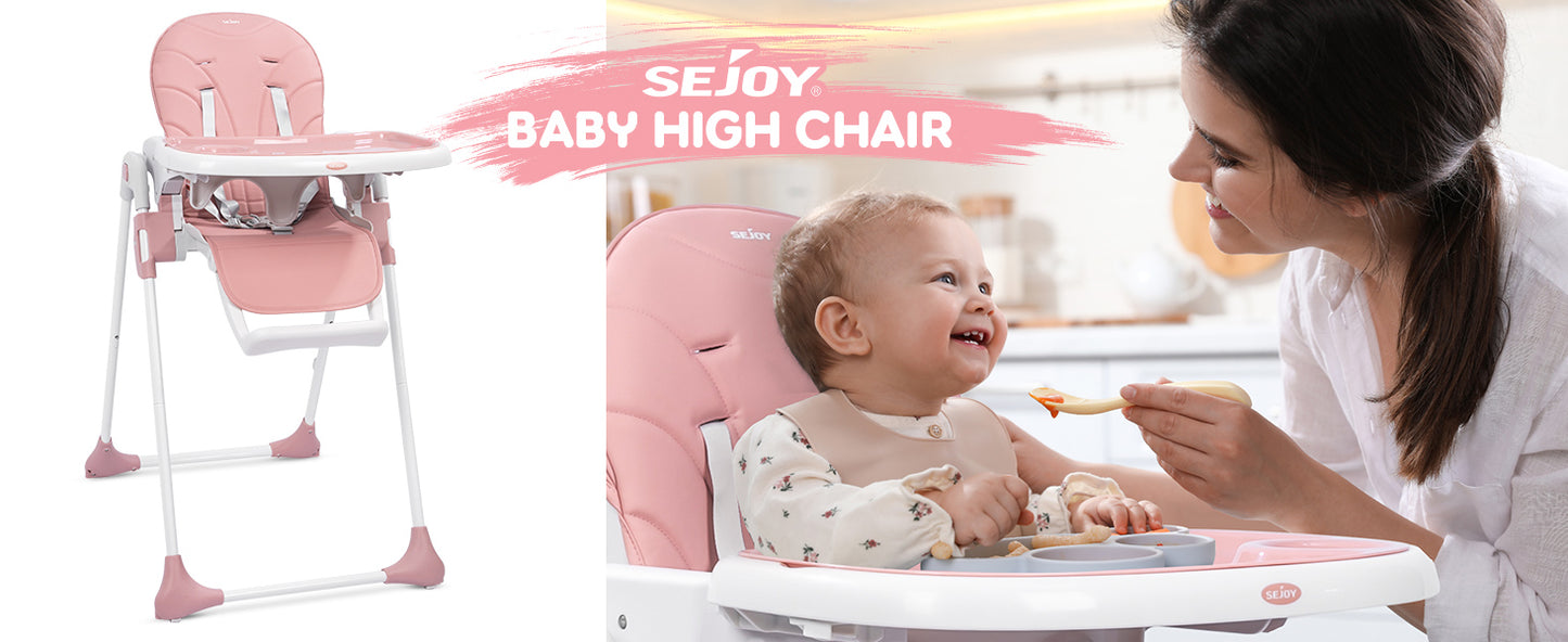 Sejoy Baby High Chair Foldable Highchair Adjustable Backrest Double Removable Tray Detachable PU Leather Cushion High Chair for