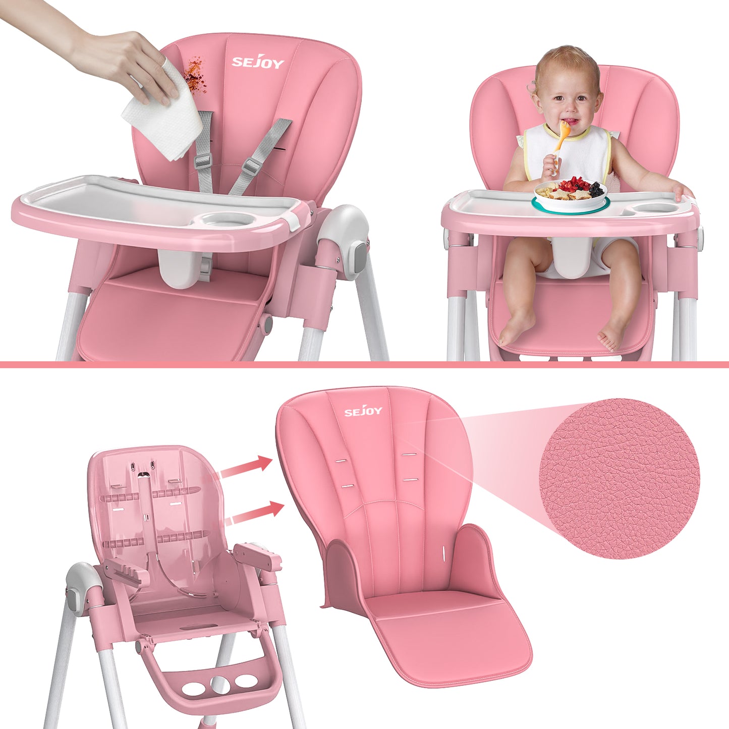 SEJOY Baby High Chair Infants Folding Convertible Removable Tray Adjustable Seat