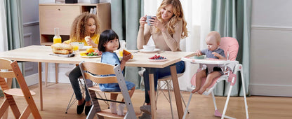 Sejoy Baby High Chair Foldable Highchair Adjustable Backrest Double Removable Tray Detachable PU Leather Cushion High Chair for