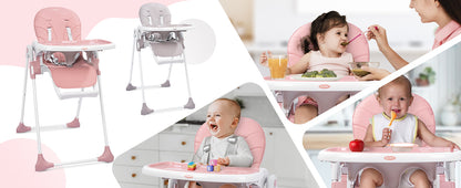 Sejoy Baby High Chair Foldable Highchair Adjustable Backrest Double Removable Tray Detachable PU Leather Cushion High Chair for