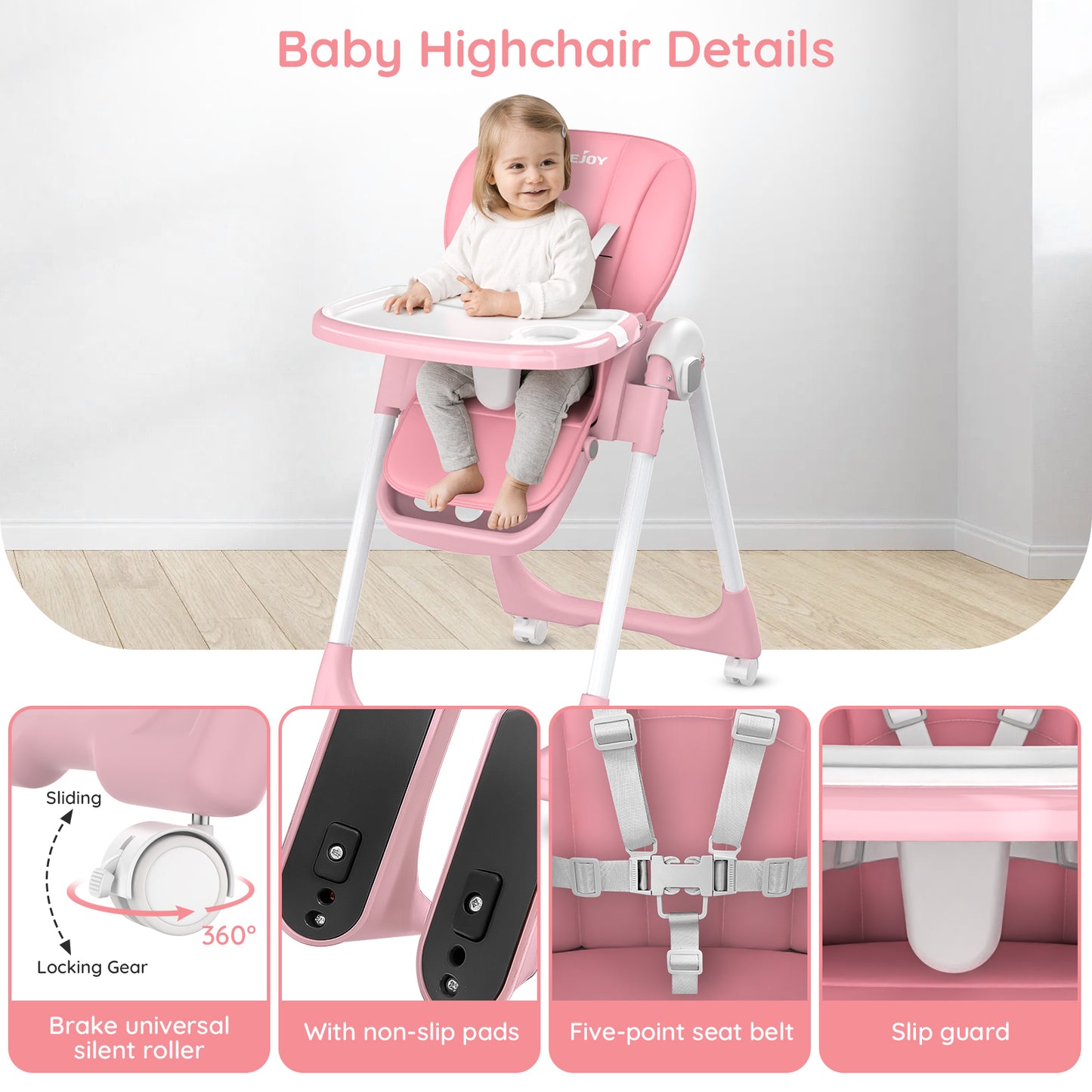 SEJOY Baby High Chair Infants Folding Convertible Removable Tray Adjustable Seat