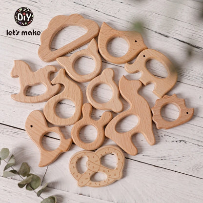 Let's Make 5pcs Wholesale Wooden Teether Rodent Pacifier Pendant Wooden Toys DIY Baby Necklace Gift BPA Free Beech Hedgehog Bird