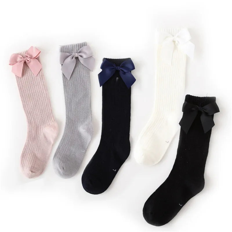 Solid Children Socks With Bows Cotton Baby Girls Socks Soft Toddlers Long Socks For Kids Princess Knee High Socks for Girls 2024