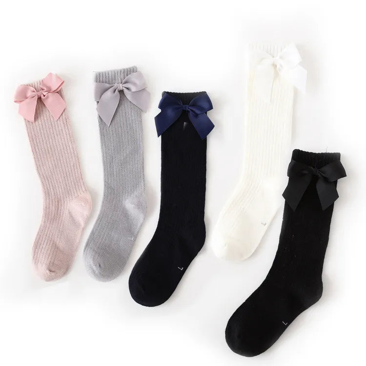 Solid Children Socks With Bows Cotton Baby Girls Socks Soft Toddlers Long Socks For Kids Princess Knee High Socks for Girls 2024