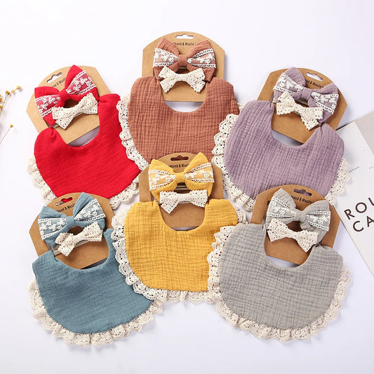 3Pcs/set Solid Muslin Cotton Baby Bibs & Lace Headbands Princess Boys Girls Saliva Towel Feeding Burp Cloths Nylon Hair Bands