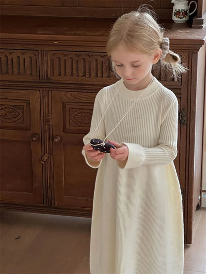 Girls Knitted Dress 2024 Autumn Winter New Children Gown Princess Solid Color Vestidos Kids Fashion Sweater Dresses Baby Clothes