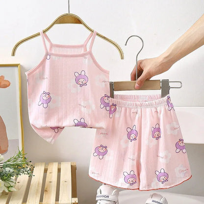 Summer Camisole Sling Tops+Shorts 2-Piece Set Girl's Soft Cotton Pajamas Fashion Cartoon Print Kids Home Clothes Casual Suit New