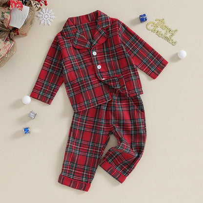 2023-08-17 Lioraitiin 6M-4Y Kids Christmas Pajamas Set Plaid Button up Long Sleeve Shirt and Elastic Pants Loungewear Sleepwear