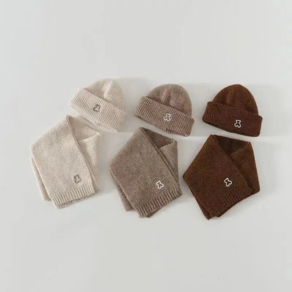 2024 New Fashion Warm Hat Scarf Set for Kids Boy Girl Chic Cartoon Bear Knitted Hat Scarf Autumn Winter Warm Beanie Scarf Set