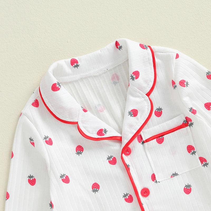Kids Girls Autumn Pajama Sets Long Sleeve Lapel Strawberry Print Shirt Pants 2 Pieces Loose Sleepwear Nightgown