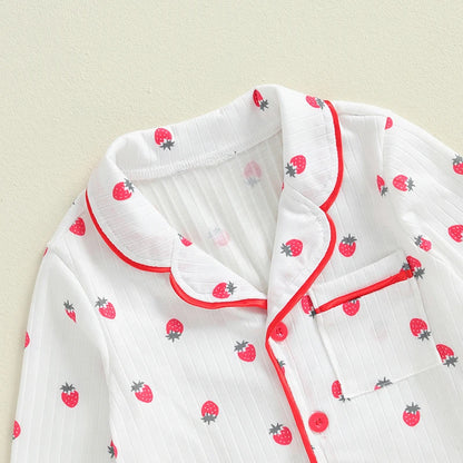 Kids Girls Autumn Pajama Sets Long Sleeve Lapel Strawberry Print Shirt Pants 2 Pieces Loose Sleepwear Nightgown