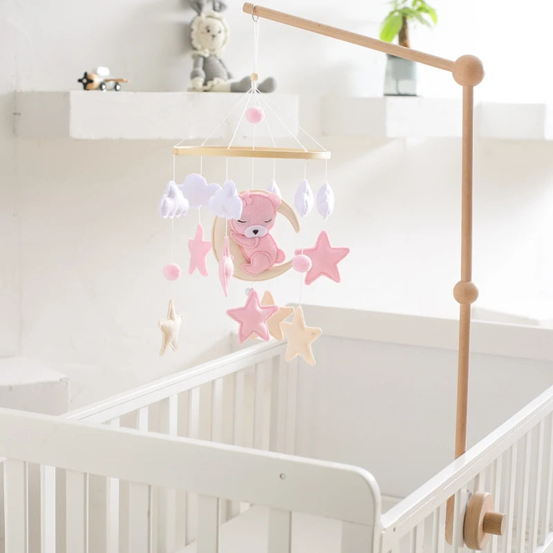 Crib Mobile Baby Wooden Bed Bell Baby Rattles Soft Felt Cartoon Bear Toys Hanger Crib Mobile Bed Bell Wood Toy Bracket Kid Gifts