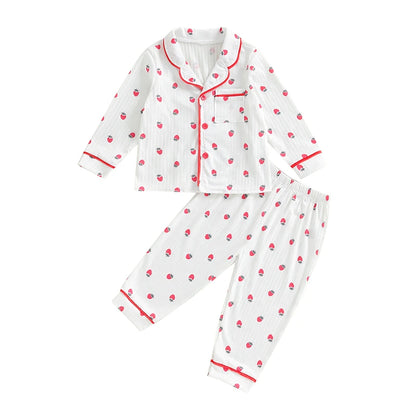 Kids Girls Autumn Pajama Sets Long Sleeve Lapel Strawberry Print Shirt Pants 2 Pieces Loose Sleepwear Nightgown