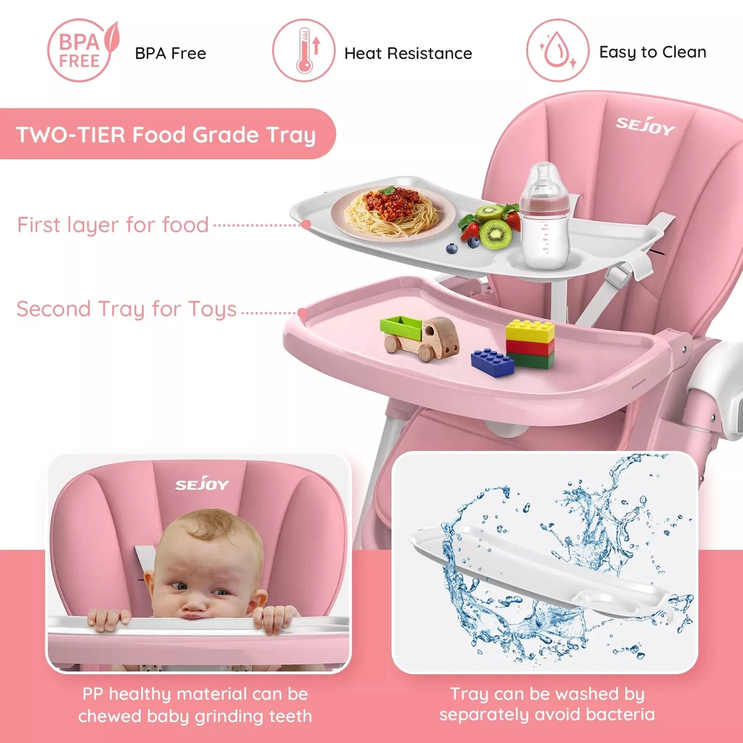 SEJOY Baby High Chair Infants Folding Convertible Removable Tray Adjustable Seat