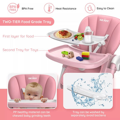 SEJOY Baby High Chair Infants Folding Convertible Removable Tray Adjustable Seat