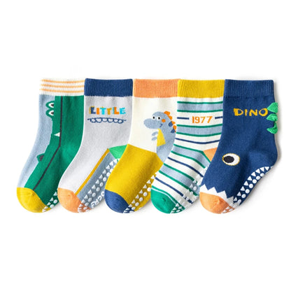 5 pairs of children's mid tube socks, spring and autumn adhesive point floor socks, playground anti slip socks, trampoline socks