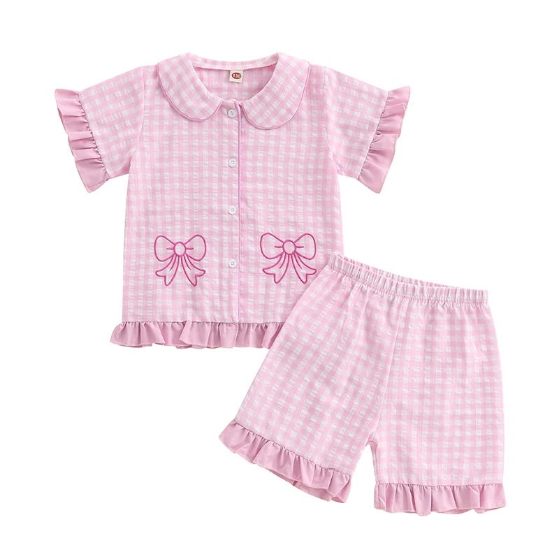 Girls Pajama Set with Cute Unicorn Print and Ruffle Trim Short Sleeve Tops and Shorts 2 Piece Lounge Suit Sleepwear for Kids