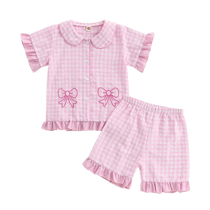 Girls Pajama Set with Cute Unicorn Print and Ruffle Trim Short Sleeve Tops and Shorts 2 Piece Lounge Suit Sleepwear for Kids