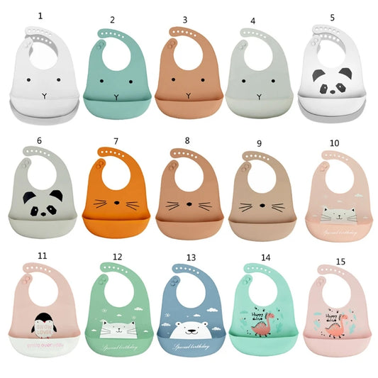 Cartoon Waterproof Soft Silicone Baby Bibs Adjustable Toddler Feeding Food Catcher Roll up Pocket Feeding Stuff Apron
