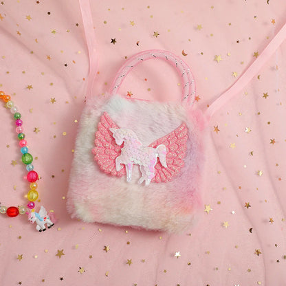 Unicorn Cartoon Plush Shoulder Bag for Kids Crossbody Bag for Kindergarten Girls Portable Outdoor Small Square Coin Bag Wallet