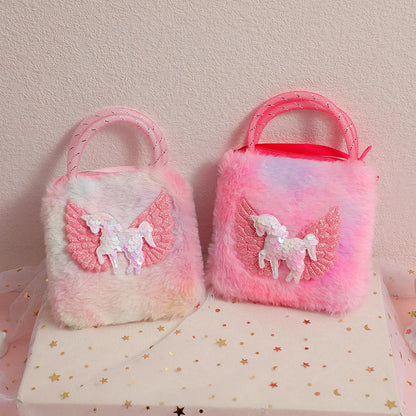 Unicorn Cartoon Plush Shoulder Bag for Kids Crossbody Bag for Kindergarten Girls Portable Outdoor Small Square Coin Bag Wallet