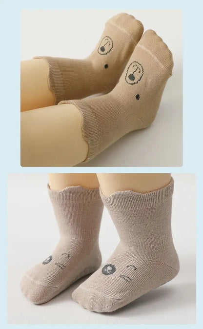 5 Pairs/lot Baby Non Slip Floor Sock 5colored Of Bear Print Infant Girl Cotton Socks Solid Autumn Anti Slip Children's Knee Sock