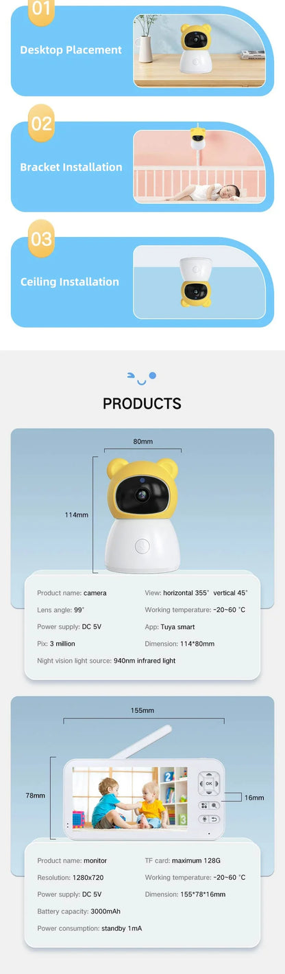 TUYA 5 Inch Video Baby Monitor with Camera PTZ Zoom 3MP Babyphone Cam Security Protection Surveillance Cam Temperature Sensor
