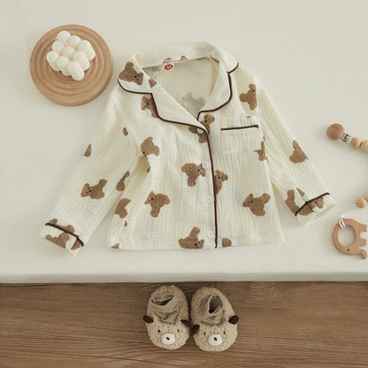 VISgogo Kids Unisex Cotton Linen Pajama Suit Bear Print Long Sleeve Front Pocket Lapel Tops Long Pants Spring Clothes Casual Set