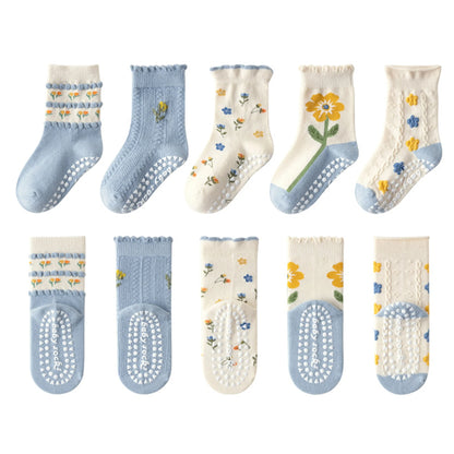 5 pairs of children's mid tube socks, spring and autumn adhesive point floor socks, playground anti slip socks, trampoline socks