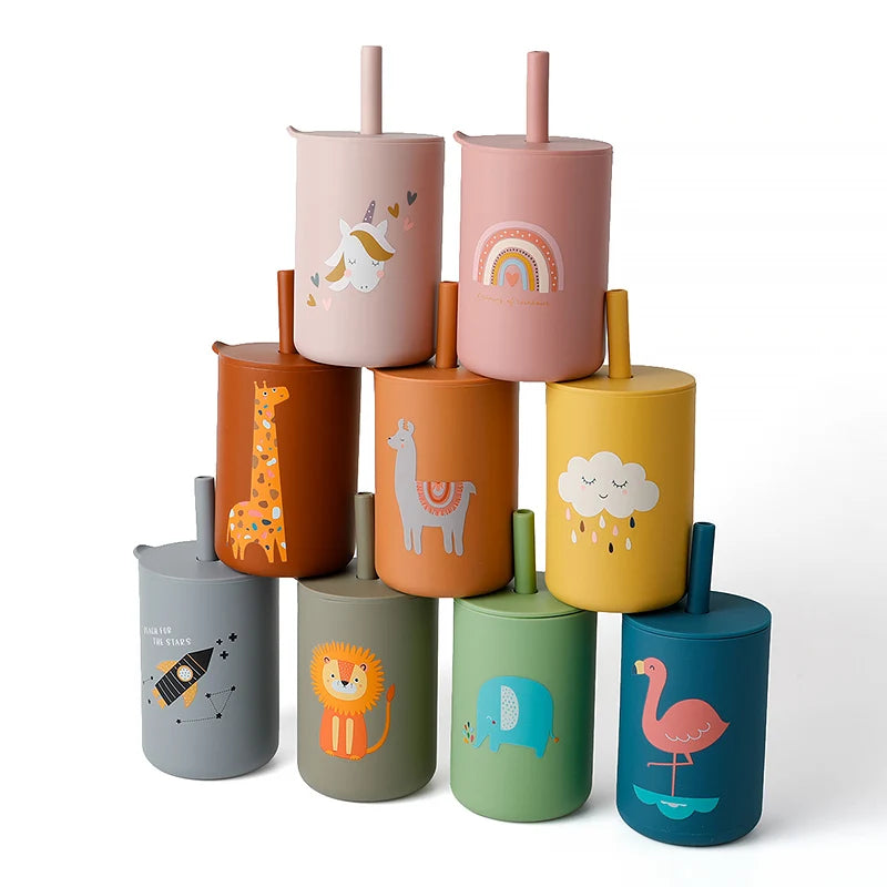 Baby Feeding Drinkware Straw Cup Baby Cartoon Learning Feeding Cup Food Grade Silicone Toddler Water Bottle Tableware BPA Free