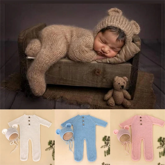 Baby Outfit Newborn Photography Props mohair Knitted Bear Rompers Footed Jumpsuit Hat 2pcs/Sets Photography Clothing Accessories