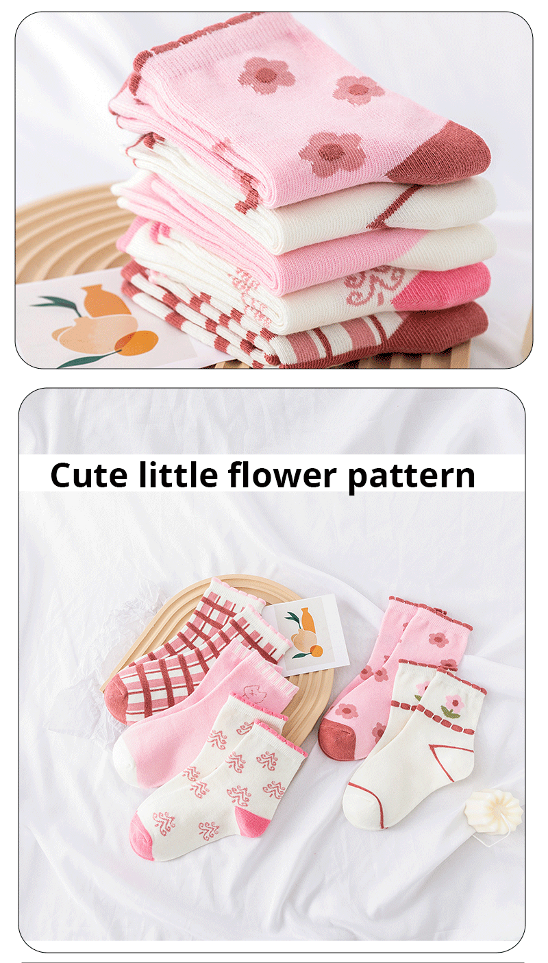 5 Pairs Pink Flower Knit Warm Childrens Socks For Girls Socks Kids Womens Cute Cartoon Medium Stockings