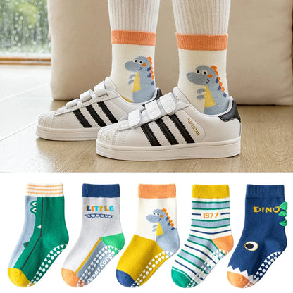 5 pairs of children's mid tube socks, spring and autumn adhesive point floor socks, playground anti slip socks, trampoline socks