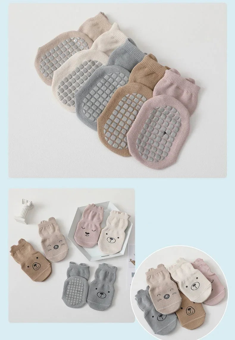 5 Pairs/lot Baby Non Slip Floor Sock 5colored Of Bear Print Infant Girl Cotton Socks Solid Autumn Anti Slip Children's Knee Sock