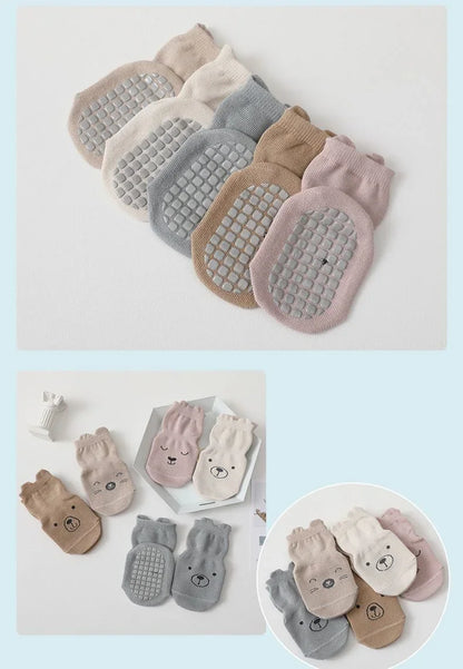 5 Pairs/lot Baby Non Slip Floor Sock 5colored Of Bear Print Infant Girl Cotton Socks Solid Autumn Anti Slip Children's Knee Sock