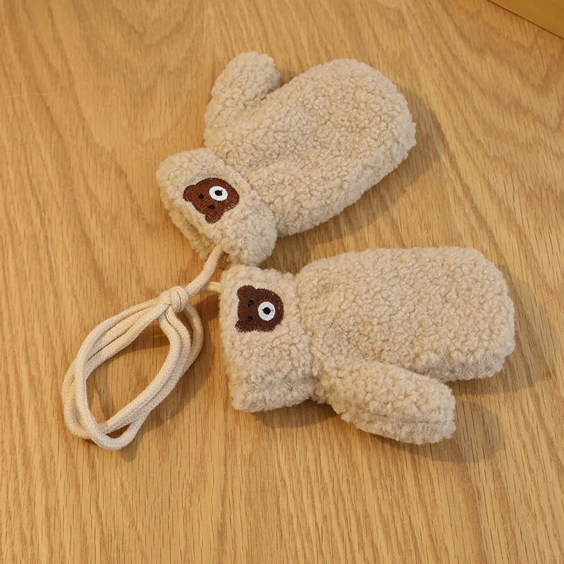 Bear Winter Baby Scarf Gloves Set Faux Lamb Wool Korean Warm Kids Neck Warmer Mittens Children Boys Girls Accessories 2-6Y