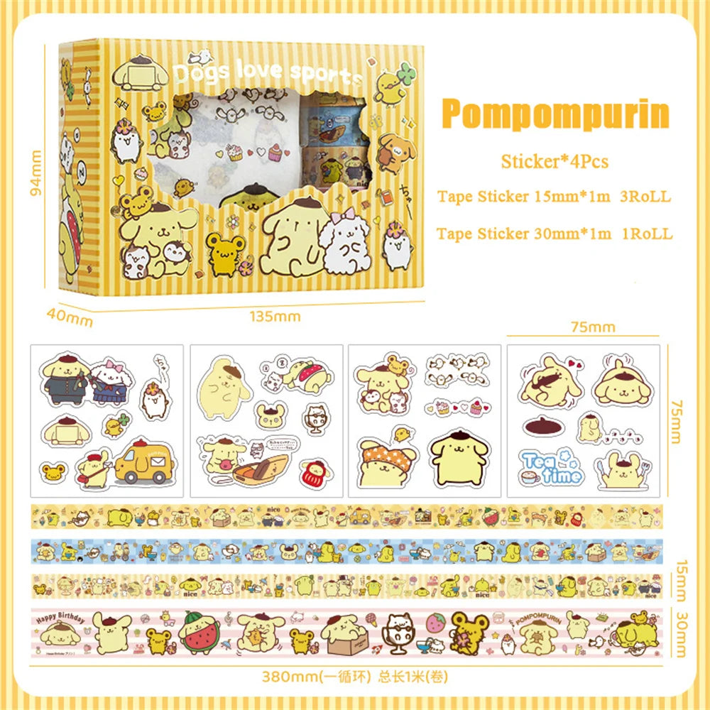 Sanrio Hello Kitty Cinnamoroll Kuromi Sticker Roll Gift Box Cute My Melody Pompompurin Hand Acount Tape Stickers Decal Kids Toys