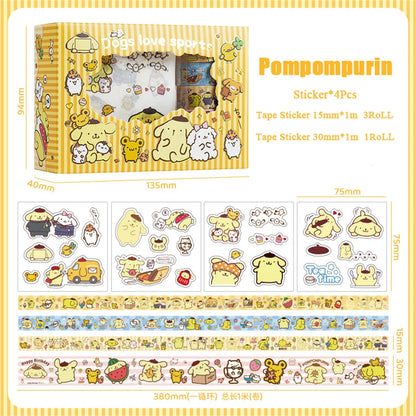 Sanrio Hello Kitty Cinnamoroll Kuromi Sticker Roll Gift Box Cute My Melody Pompompurin Hand Acount Tape Stickers Decal Kids Toys