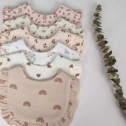 Flower Print Baby Bibs Adjustable Snap Saliva Towel Ruffled Edge Muslin Cotton Burp Cloths Rainbow A Grade Girls Feeding Scarf